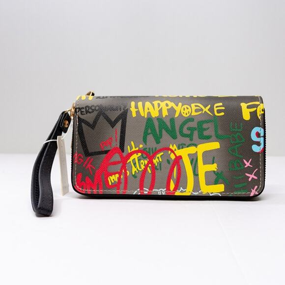 Women's Large Wallet PARK AVENUE Black Graffiti Roomy Wristlet Clutch - Picture 2 of 5